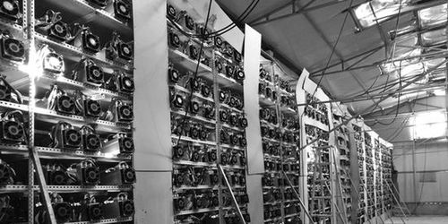 An expansive mining farm with rows of efficient mining machines operating under green power solutions