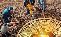 An expansive cryptocurrency mining farm bustling with activity.